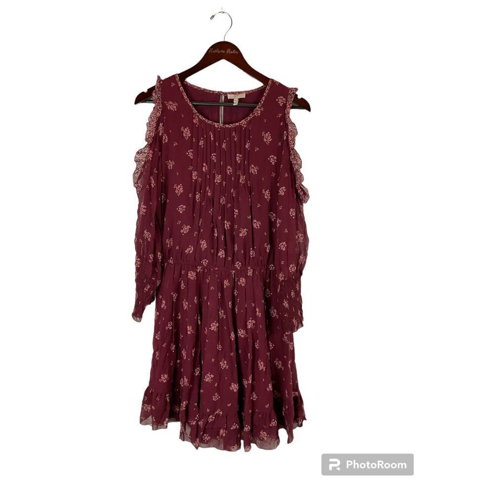 Joie Women Arleth Dress M Deep Verbena Floral 100% Silk Tunic Cold Shoulder E2